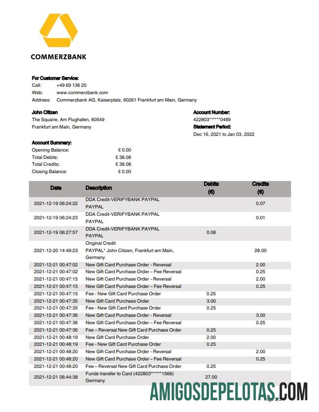 Germany Commerzextrato bancário amostra